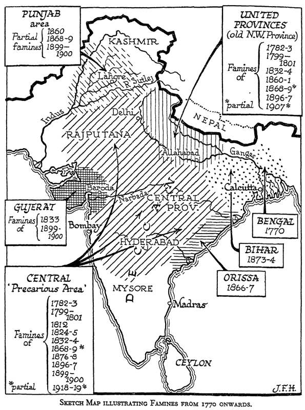 Sketch Map illustrating Famines from 1770 onwards